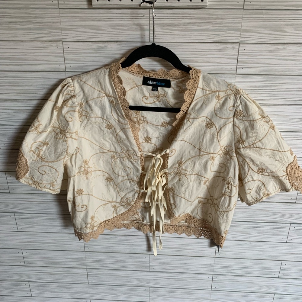 alice blue  Cream Embroidered Tie-Front Cropped Blouse